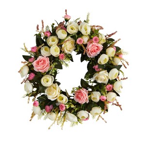 Nearly Natural 20” White & Pink Rose Artificial Wreath - 1 of 4