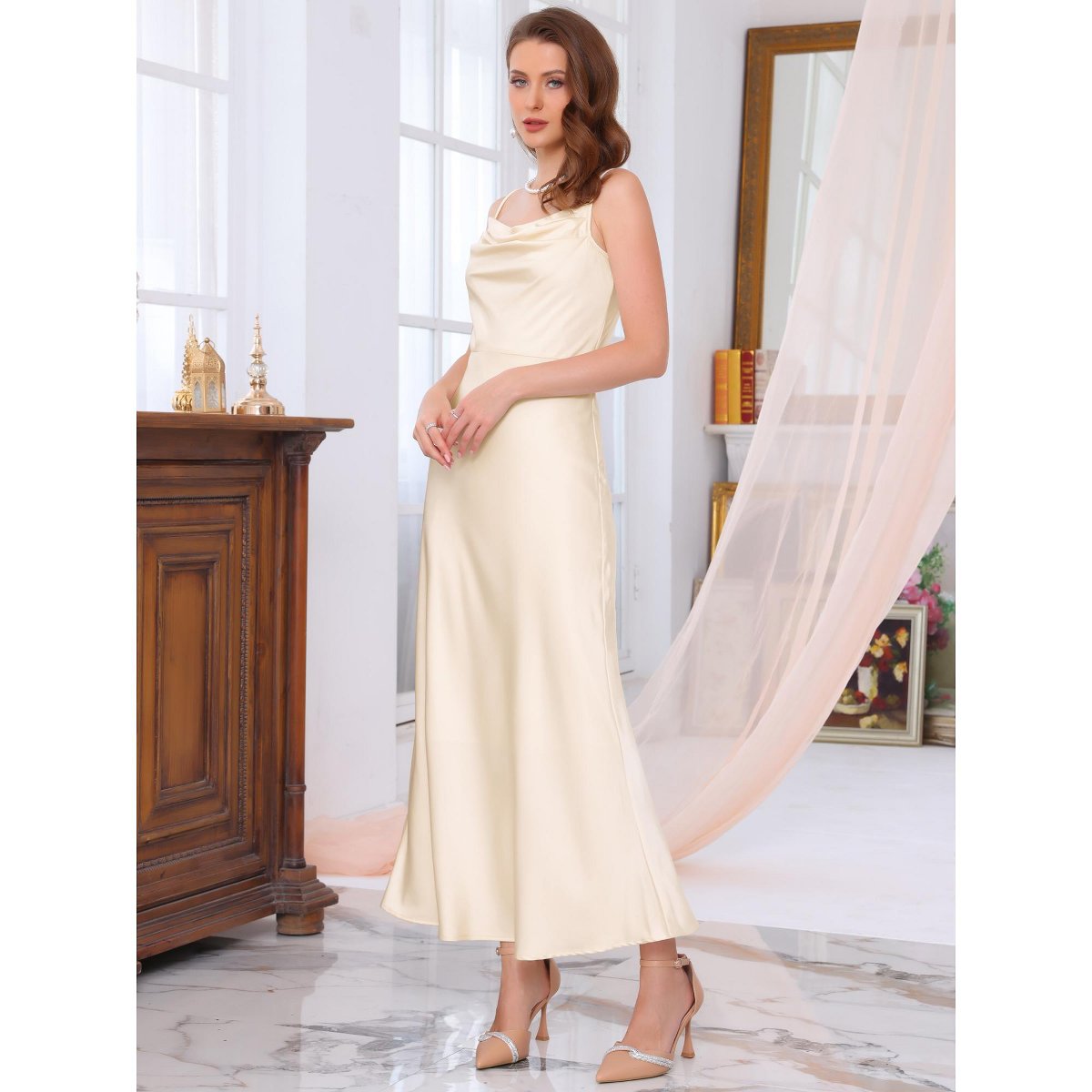 Женские платья INSPIRE CHIC Women's Satin Spaghetti Strap Cowl Neck Ruched Evening Cocktail Sleeveless Midi Dresses Medium Champagne — фото 2