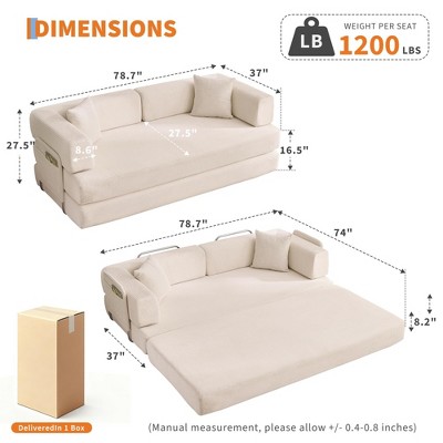 Product dimensions with measurements of a cream corduroy sofa bed