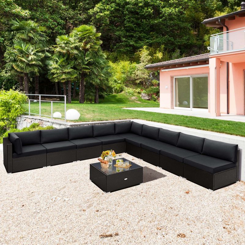 Costway 10 PCS Patio Rattan Furniture Set Outdoor Wicker Sofa Table Cushioned Seat Black/Brown, 1 of 11