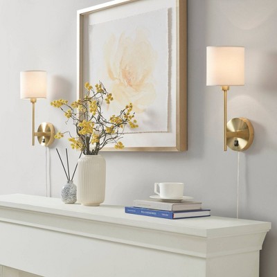 Elegant Gold Metal Wall Sconce with Cream Cylinder Shade - Set of 2