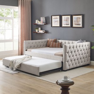 NicBex Daybed Upholstered Full Daybed with Trundle, Linen Fabric Day Bed with Tufted Button and Copper Nail for Living Room, Beige - 1 of 4
