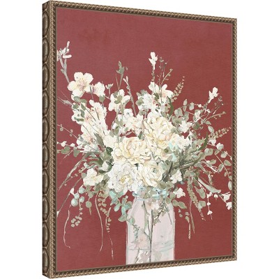 Beaded Gold Framed Floral Canvas Wall Art with Glass Vase