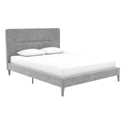 Full Light Gray Velvet Upholstered Platform Bed with Tufted Headboard