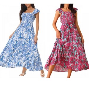 INSPIRE CHIC Women's Summer Boho Smocked Square Neck Cap Sleeve Ruffle Floral Flowy Tiered Maxi Sundress 2 Packs - 1 of 4