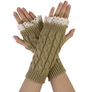 Unique Bargains Pair Women's Winter Lace Trim Fingerless Thumbhole Stretchy Knitted Gloves - 1 of 4