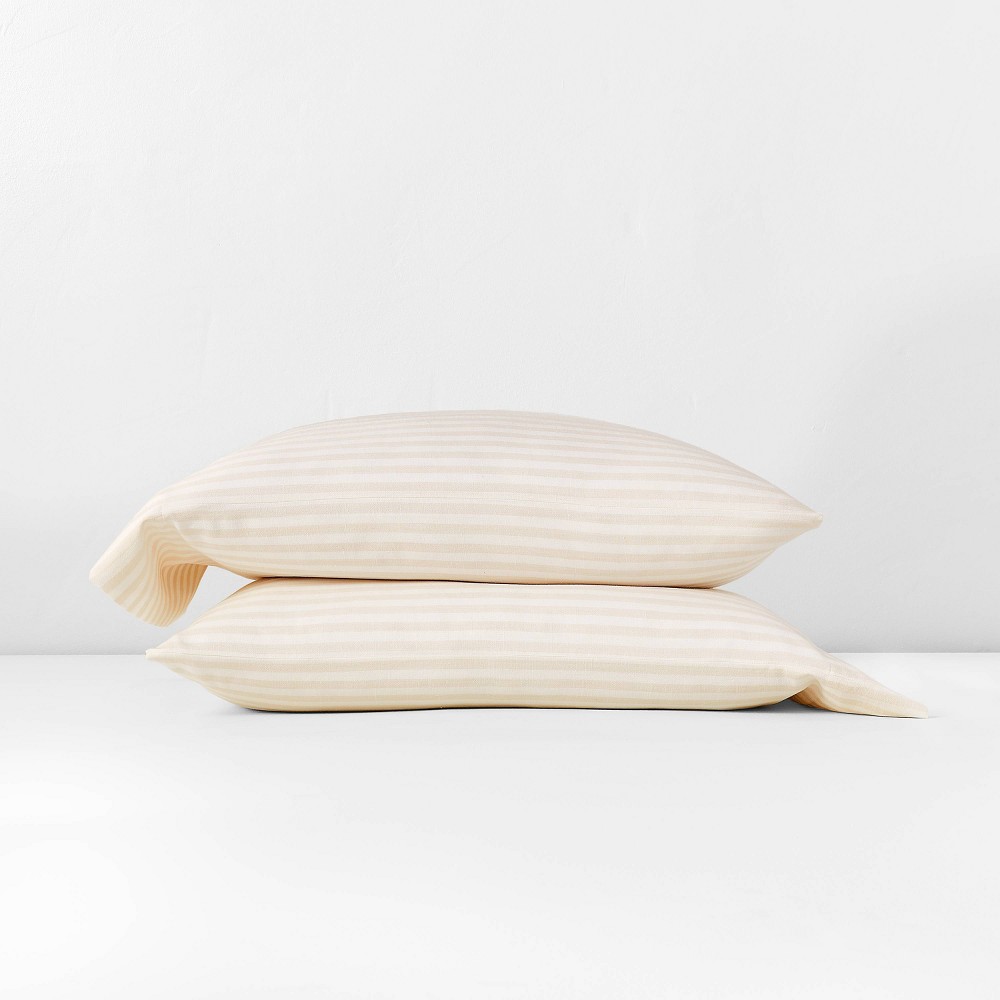 Photos - Pillowcase Standard Linen Blend  Set Natural Stripe - Casaluna™