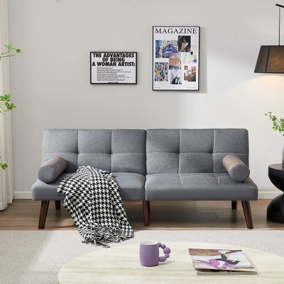 Convertible Sofa Bed Futon Linen Sleeper Couch With Adjustable Backrests Soild Wood Legs For Bedroom Living Room