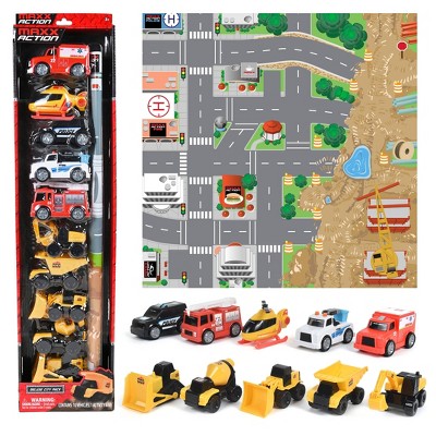 Maxx Action Deluxe Vehicles - Mini Construction and Rescue with Play Mat - 10 pk