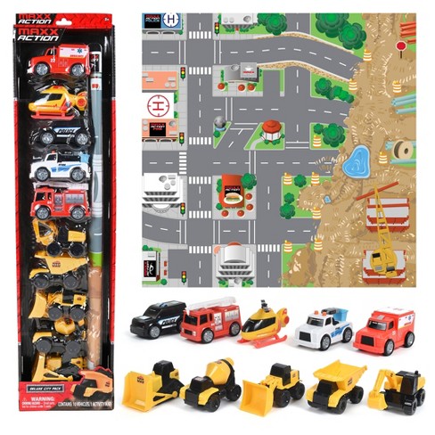 DIE CAST AND PLASTIC 10 PIECE FIRE RESCUE TEAM SET INCLUDING VEHICLES AND SIGNS 