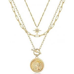 Layered Star & Coin Necklace - 14K Gold Plated Paperclip Choker for Women, Retro Gift - 1 of 4