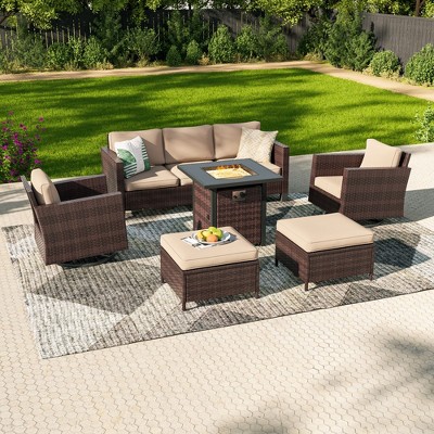 Sonkuki 6-Piece Patio Sofa with Square Fire Pit Table and Swivel Rocking Chairs, Conversation Couch with Cushion
