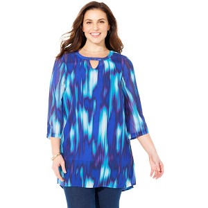 Catherines Women's Plus Size Hi-Low Keyhole Accent Layered Tunic - 1 of 4