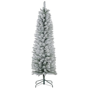 5ft Artificial Christmas Tree, Snow Flocked Branches, Metal Base, Pencil Xmas Tree - 1 of 4