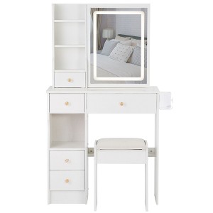 PAGED Vanity Tables and Stool Set with A 29.2" Small Left-Drawer Dressing Table and Oversized Touch-Sensitive Sliding LED Mirror - 1 of 4