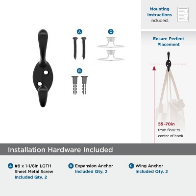 Matte Black Double Prong Metal Wall Hook