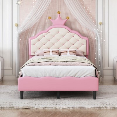 Twin Size Crown Princess Bed with Pink PU Leather Upholstery, Tufted Headboard and Soft Padded Frame for Girls Bedroom-Maison Boucle
