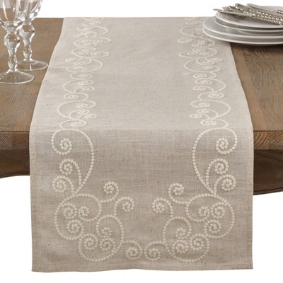 Natural Linen Blend Table Runner with Embroidered Swirl Design, 16" x 120"