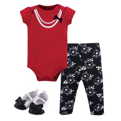 Image of Little Treasure Baby Girl Cotton Bodysuit, Pant and Shoe 3pc Set, Red Pearls, 0-3 Months