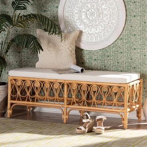 bali & pari Ibiza Rattan Bench White/Light Honey: Handcrafted, Plush Cushion, No Assembly Required - 1 of 4