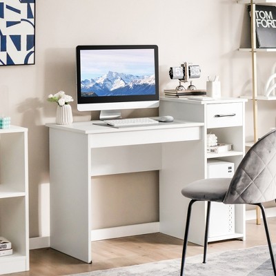 Elegant White Wooden Computer Desk with Drawer and Shelves