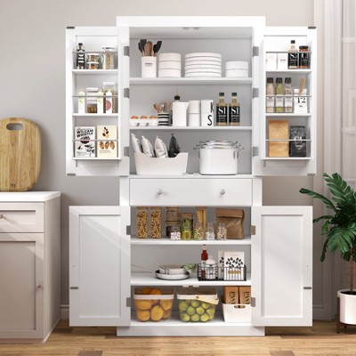 USIKEY Pantry Storage Cabinet with 4 Doors and 1 Drawer, Cupboard with 6 Hanging Shelves and Adjustable Shelves for Kitchen, Dining Room