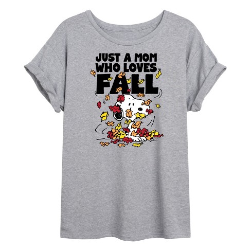 Women's Peanuts Snoopy Just A Mom Who Loves Fall Oversized Graphic T-Shirt  - Heather Grey - Small