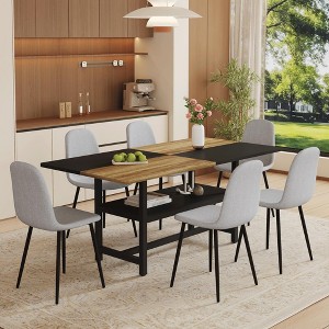 7-Piece Dining Set with Storage Space, Rectangular Table and 6 Linen Fabric Chairs - 1 of 4