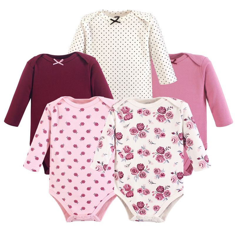 Hudson Baby Infant Girl Cotton Long-Sleeve Bodysuits 5pk, Rose, 1 of 3