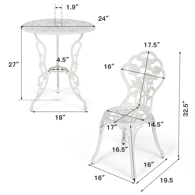Tangkula Rose Design Bistro Set Antique Aluminum Bench Patio Garden Chair for Outdoor White, 3 of 9