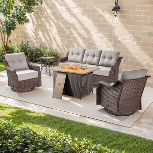 Buenhomino Patio Furniture Set with Fire Pit Table 41 in 50,000 BTU,5 Piece Wicker Outdoor Conversation Sets,Outdoor Swivel Rocker Chairs Patio Sofa - 1 of 4