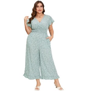 Clearlove Plus Size Loose Jumpsuits for Women Casual Wide Leg Pants Floral Jumpsuits Short Sleeve One Piece Outfit - 1 of 4