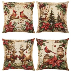 Christmas Throw Pillow Covers 18x18 Set of 4,Vintage American Linen Pillow Cases Cardinal Birds Tree - 1 of 4