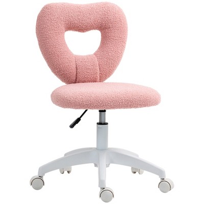 HOMCOM Armless Home Office Desk Chair, Computer Task Chair, Teddy Fleece Heart Makeup Vanity Chair with Swivel Wheels, Adjustable Height, Pink