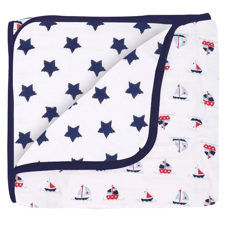 Bacati - Boys Nautical Muslin Whales Boat Red Blue Navy 4 pc Crib Bedding Set with Sleeping Bag, 5 of 12