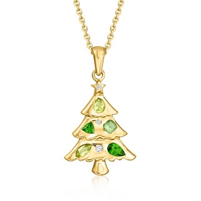 Ross-Simons 0.60 ct. t.w. Tonal Green Multi-Gemstone Christmas Tree Pendant Necklace With Lab-Grown Diamonds in 18kt Gold Over Sterling Size 18