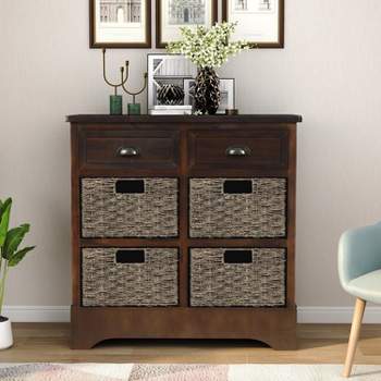 Modernluxe Dining Room/Living Room Storage Cabinet with Two Drawers and Four Classic Rattan Basket-Rustic