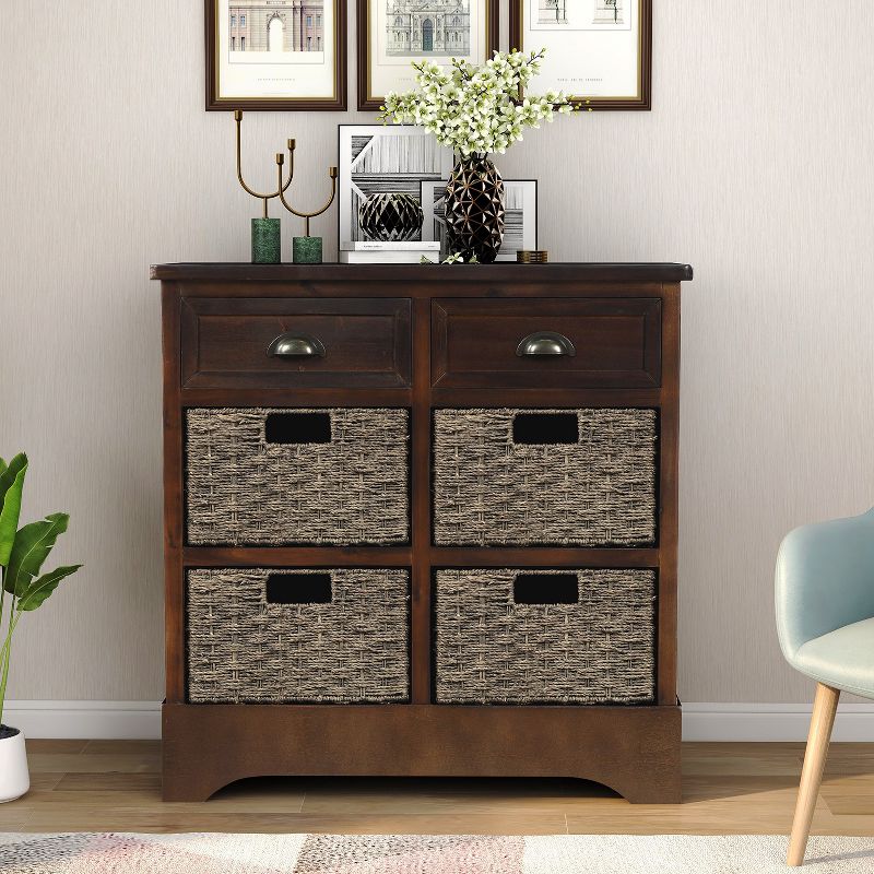 Modernluxe Dining Room/Living Room Storage Cabinet with Two Drawers and Four Classic Rattan Basket-Rustic, 1 of 10