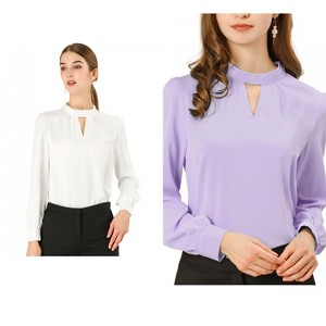 INSPIRE CHIC Women's Office Keyhole Elegant Stand Collar Long Sleeve Button Blouse 2 Packs - 1 of 4