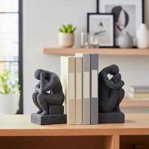 Decorative Resin Thinking Man Bookends - Sculptural Book Accessories for Home Library, Bookshelf, Desk, and Office Decor Accents - Set of 2, 7", Black - 1 of 4