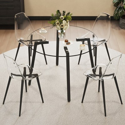 Modern simple style round transparent tempered glass table, black metal legs, 4-piece set of dining chairs