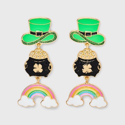 St. Patrick's Day Hat and Pot of Gold and Rainbow Drop Earrings - Multicolor