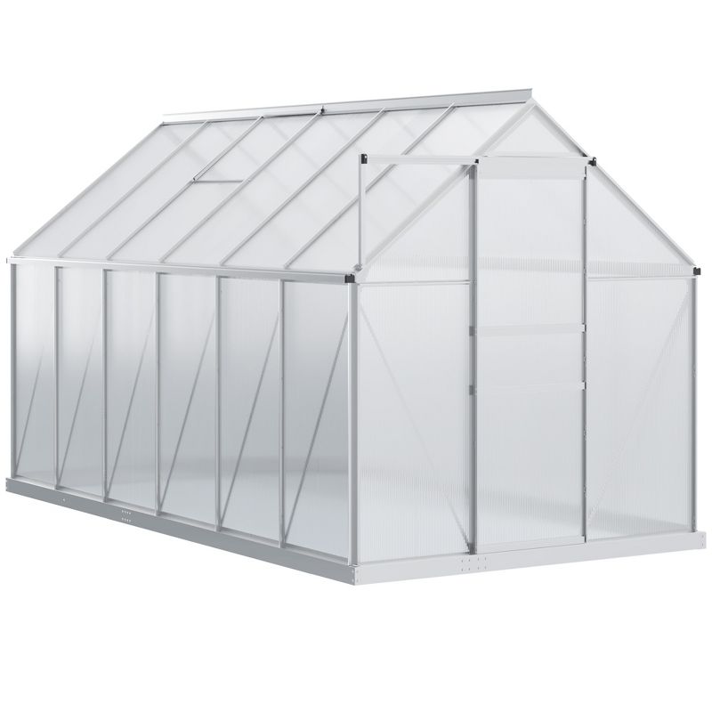 Outsunny Aluminum Greenhouse, Polycarbonate Walk-in Garden Greenhouse Kit with Adjustable Roof Vent, Rain Gutter and Sliding Door for Winter, Silver, 5 of 10