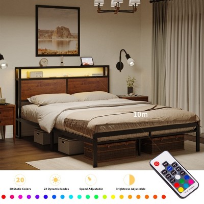 Full Size Rustic Metal Frame Bed with Lighted Headboard and Storage