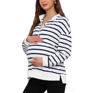 INSPIRE CHIC Women's Maternity Tunic High Low Tops Half Zip Long Sleeve Mock Neck Side Slit Striped Pregnancy Blouse - 1 of 4