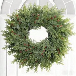 Large Cedar Wreath 26inch with Red Berry Winter Door Wreath for Front Door Window Fireplace Indoor Outdoor Xmas Decor - 1 of 4