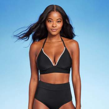 Women's Crochet Trim Halter Bikini Top - Kona Sol™ Black