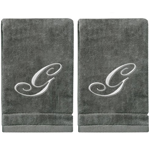 Personalized Monogrammed Towels Set Of 4 - 100% Cotton Velour Fingertip Hand Towels With Silver Initials