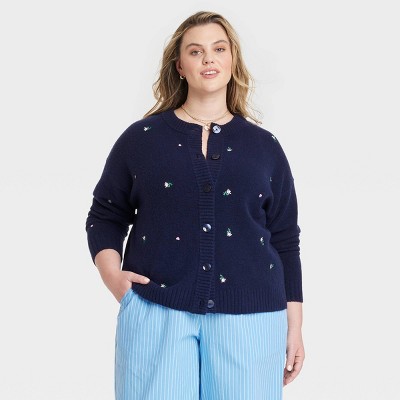 Women's Button-Front Cardigan - Universal Thread™ Navy Blue Floral 1X