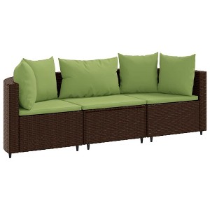 vidaXL Patio Sofa Set with Cushions Lounge Setting Outdoor Furniture Poly Rattan - Brown and Green 3 Piece - 1 of 4